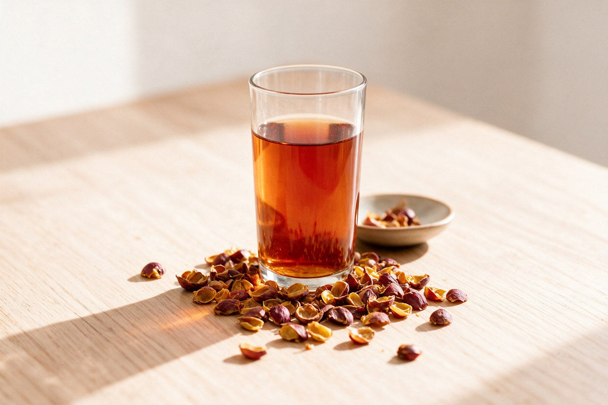 Infuso di cascara in un bicchiere di vetro, con le bucce essiccate della ciliegia di caffè sul tavolo